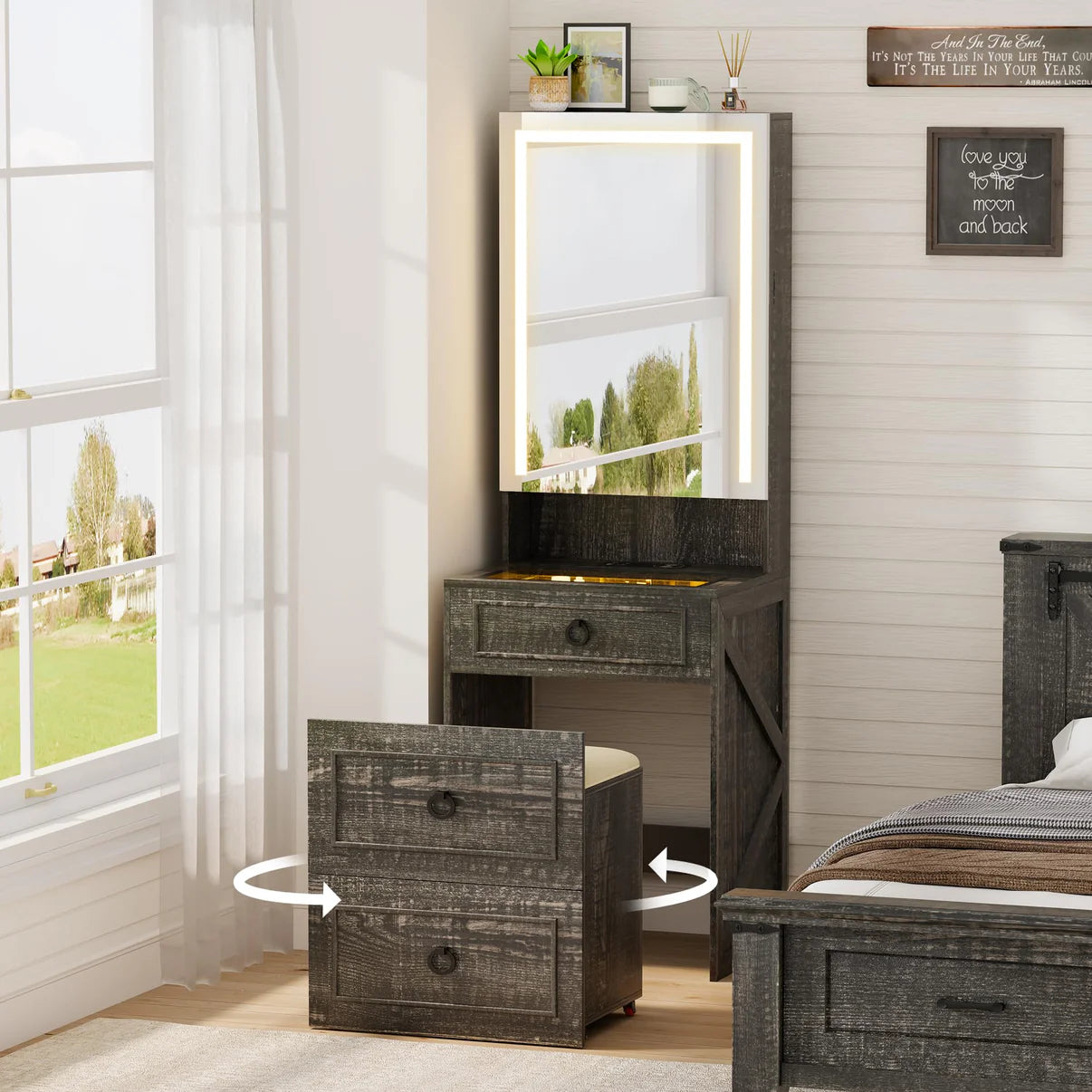 A Tocador 3 in 1 con specchio LED e sgabello con contenitore