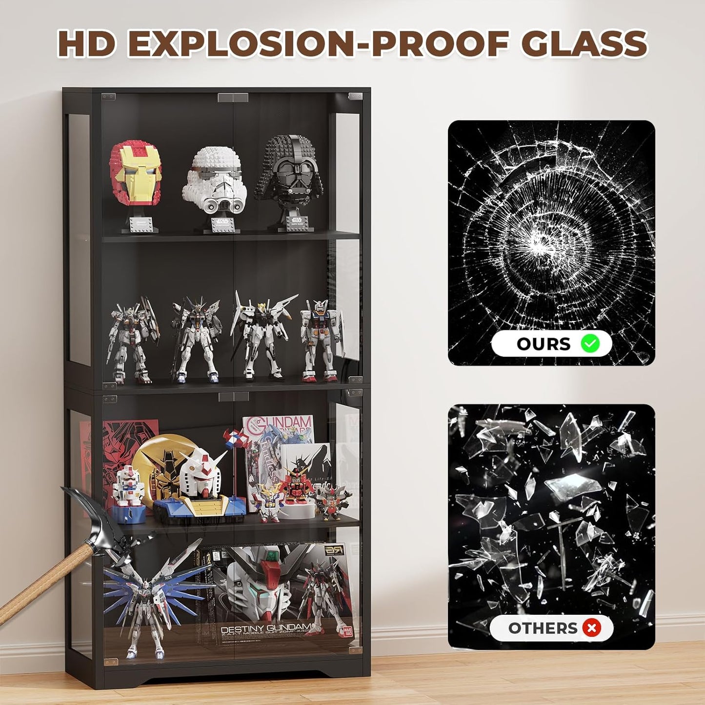 Vetrina con Ante in Vetro – Credenza a 4 Ripiani con Luci LED a 3 Colori